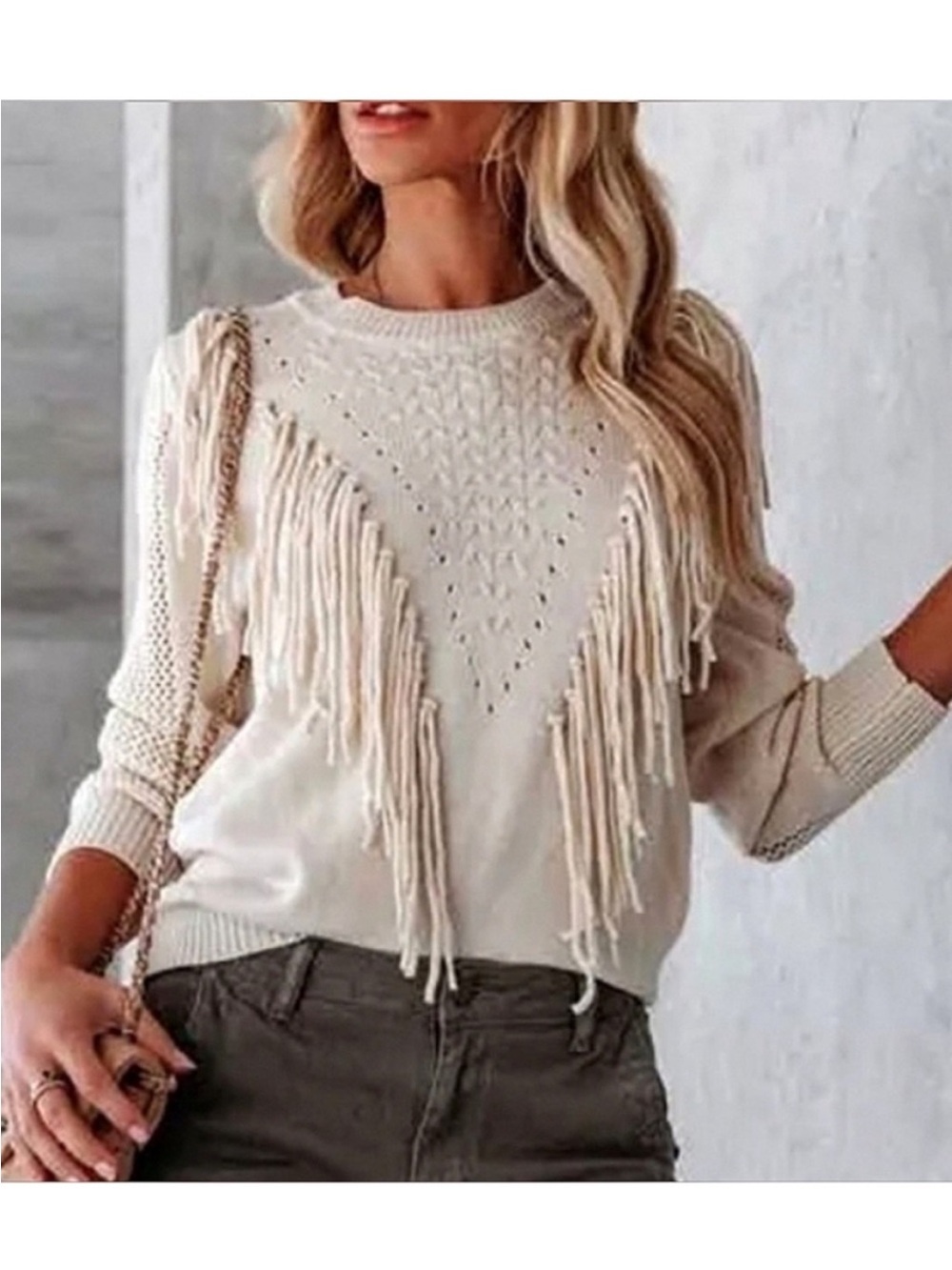 OnTwelfth Women's Cream Fringe Knit Sweater Western Size Large